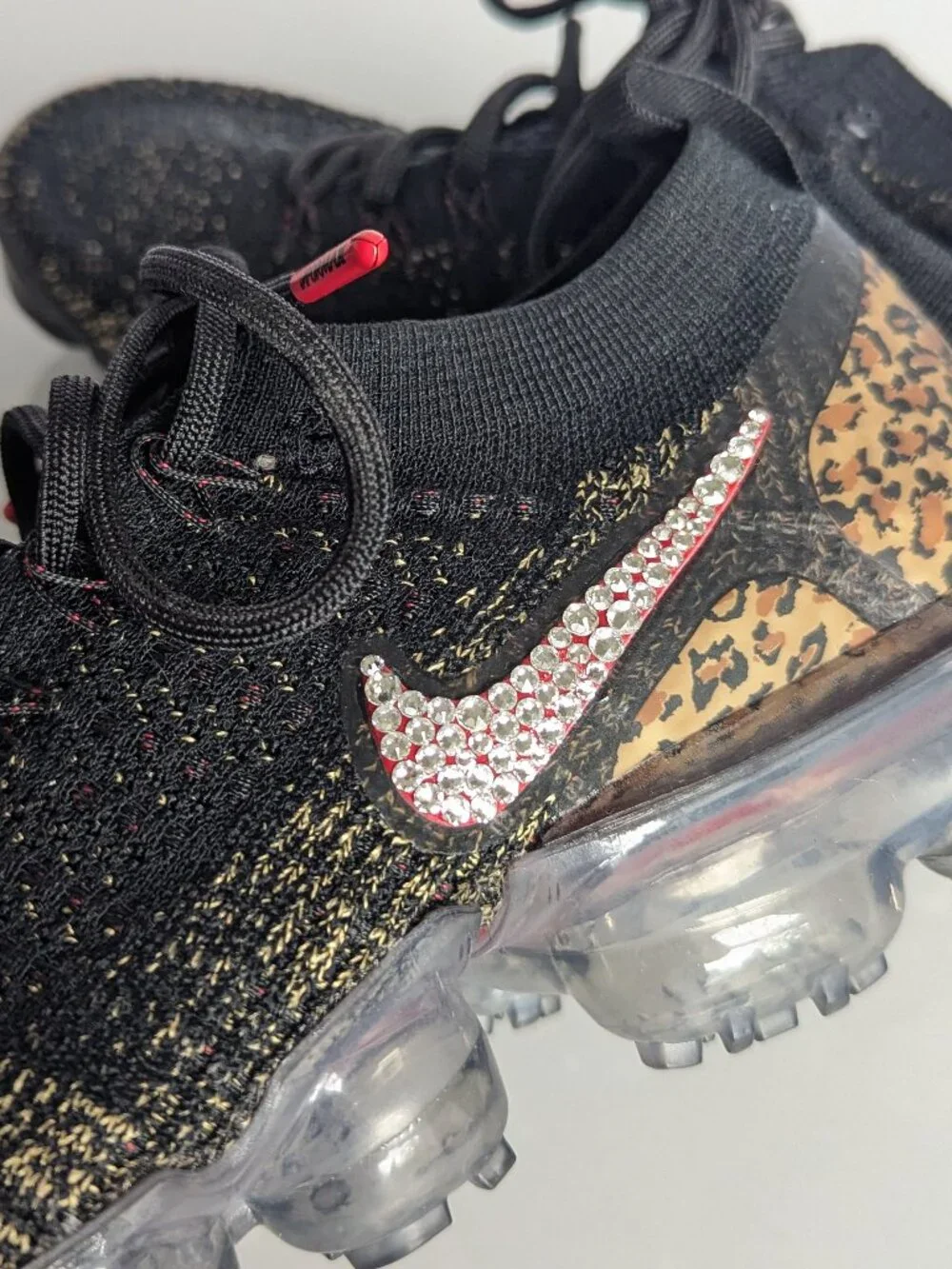 Nike Air VaporMax Flyknit 2 Black Cheetah Print Size 7.5 Custom Rhinestone Logo